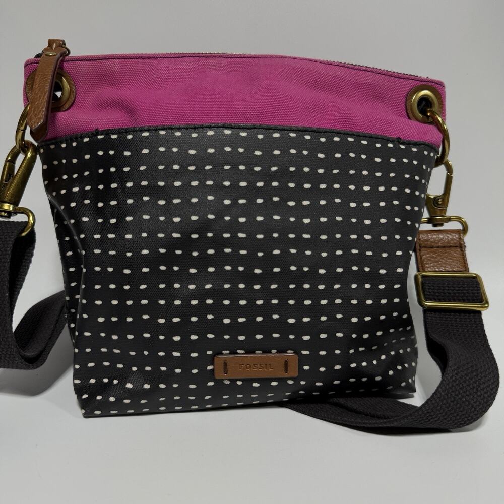 Fossil Keely Pink Black Polka Dot Crossbody Bag Purse PVC Canvas 11"